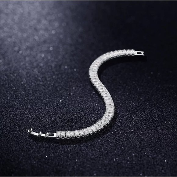 CZ Tennis Bracelet, Rectangular Diamond CZ Bracelet, Baguette Bracelet, Layering - Picture 4 of 8